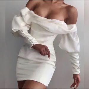 House of CB white Santana satin mini dress with puff sleeve and ruched detail